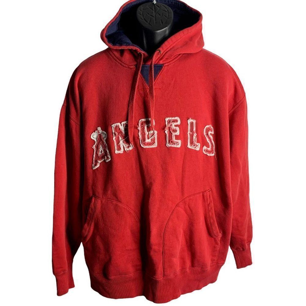 Vintage Majestic Angels Hoodie Sweatshirt XL Red Embroidered Applique Pockets